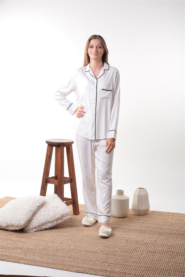 Beyaz Jakar Ekoseli Biyeli Pijama Takımı