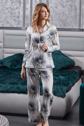 Gömlek Yaka Biyeli Muhabbet Kuşu Desen Saten Bayan Pijama