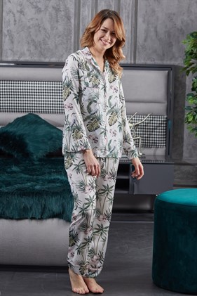 Gömlek Yaka Tropik Orman Desen Saten Bayan Pijama
