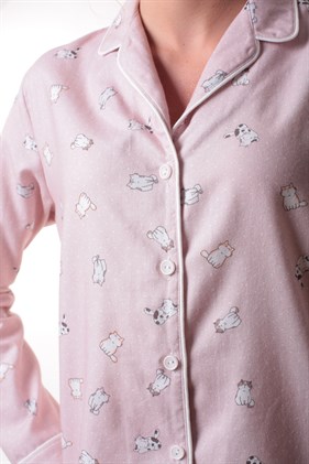 Kedicik Desenli Önden Düğmeli Biyeli Pijama Takımı