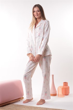 Makaron Desenli Önden Düğmeli Biyeli Pijama Takımı