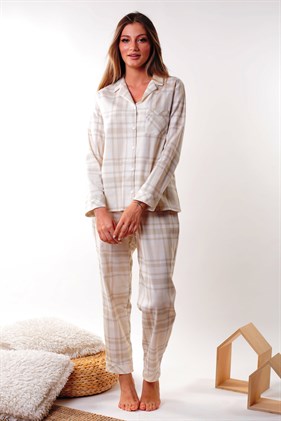 Soft Ekose Önden Düğmeli Biyeli Pijama Takımı