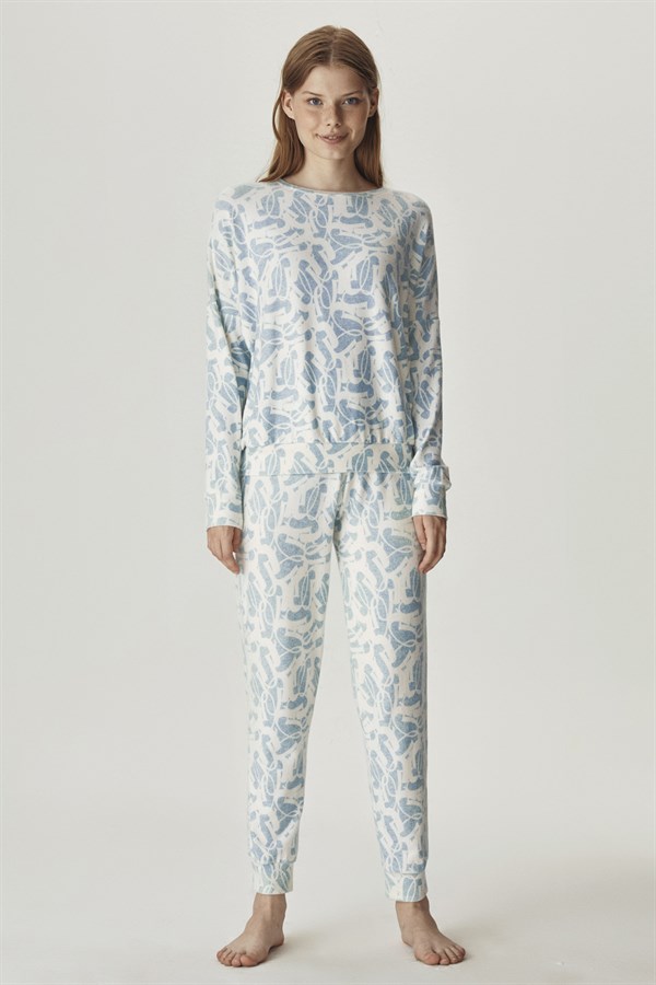 Yumoş Örme Mavi Desenli Pijama Takımı